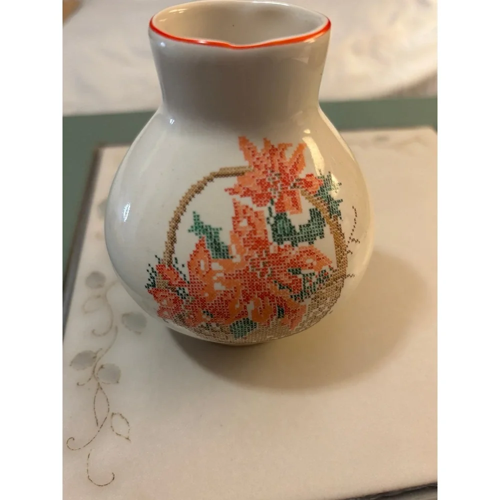 Vintage Charming bud vase with cross-stitch design of flower